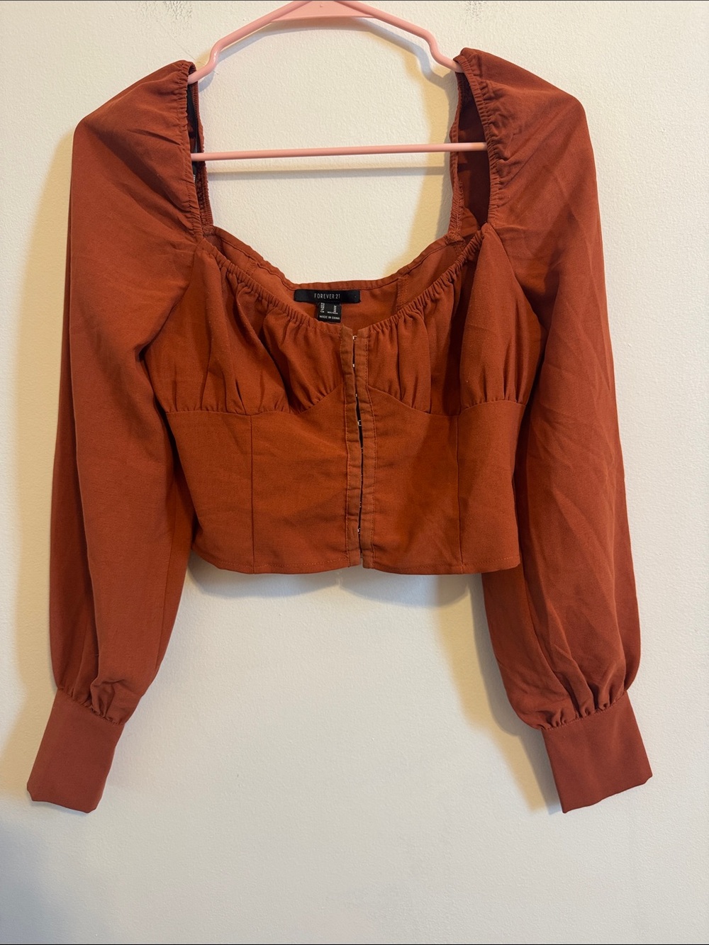 Forever 21 Rust Square Neck Long Sleeve Cropped Blouse
